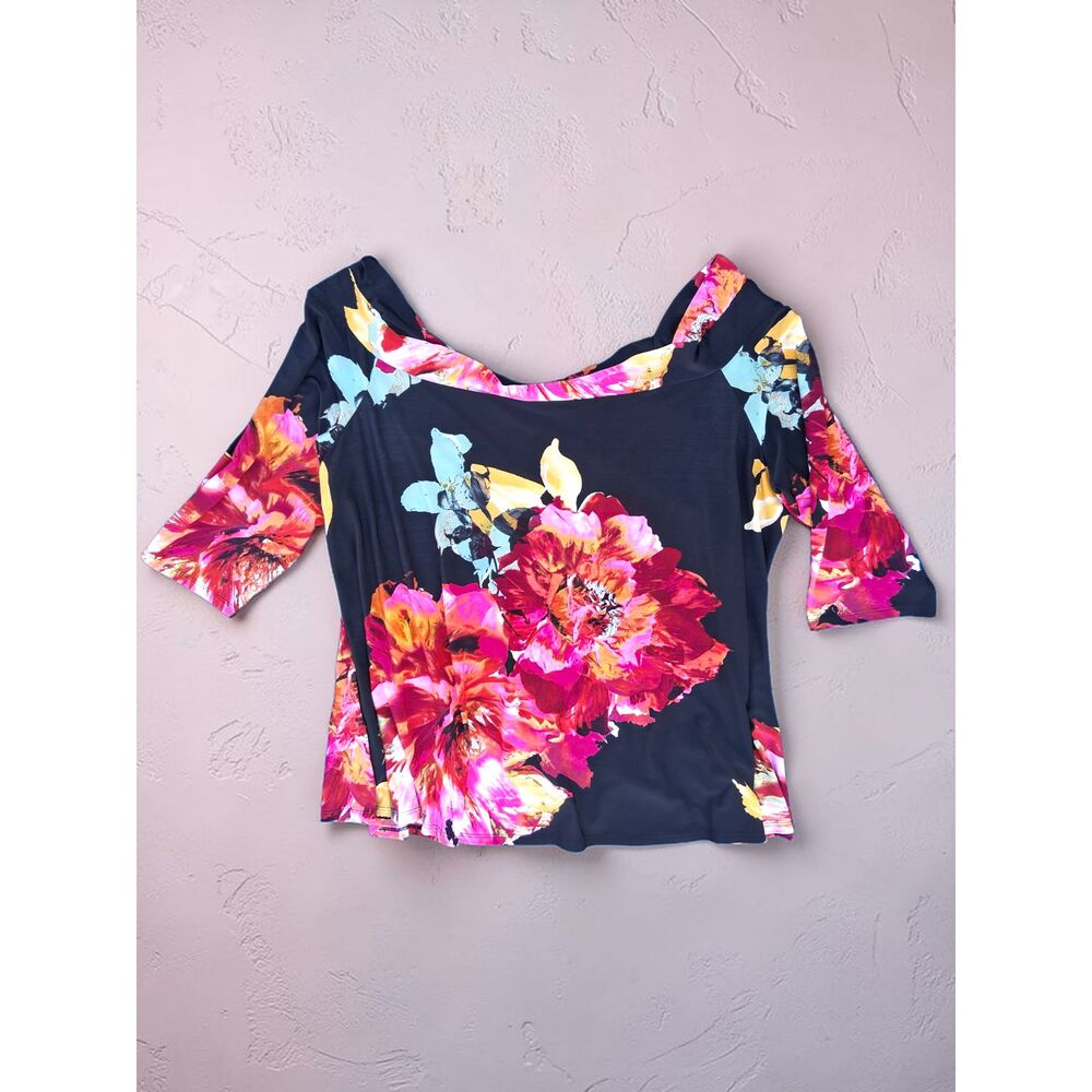 Plus Size 26/28 Floral Scoop Neck Blouse Top - Bold Pink & Orange Botanical